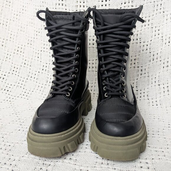 GANNI Ankle Combat Boots US5 EU35 Black Leather and Quilted Nylon - Picture 4 of 7